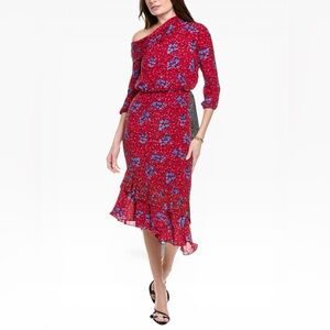 Saloni Lexie silk asymmetrical dress in a scarlet red floral print, NWT, size 2